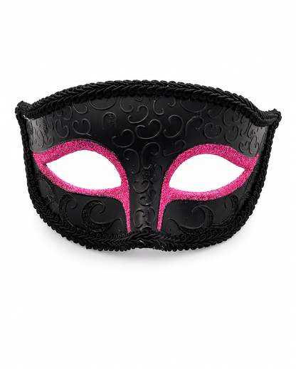 Black masquerade mask with embossed swirl patterns, black braided trim, and bright pink glitter eye accents, shown on a plain white background.