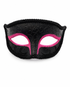 Black masquerade mask with embossed swirl patterns, black braided trim, and bright pink glitter eye accents, shown on a plain white background.