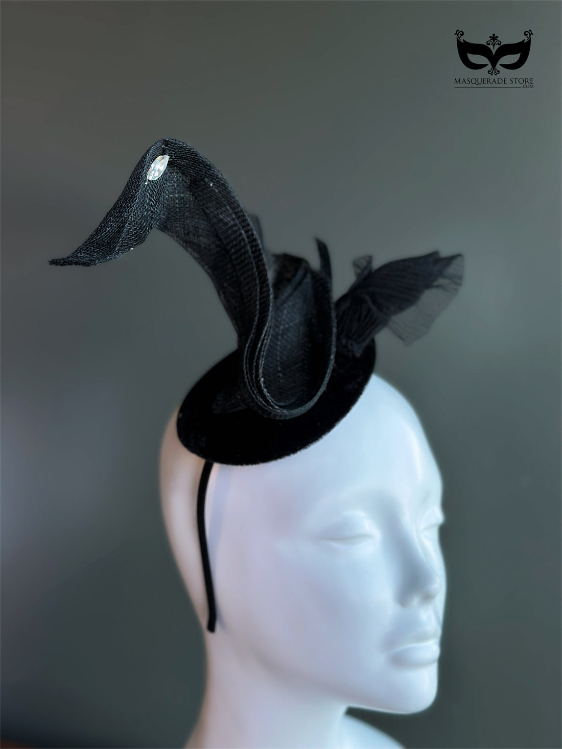 Black swan sculptural fascinator headband with curved mesh silhouette and crystal accent