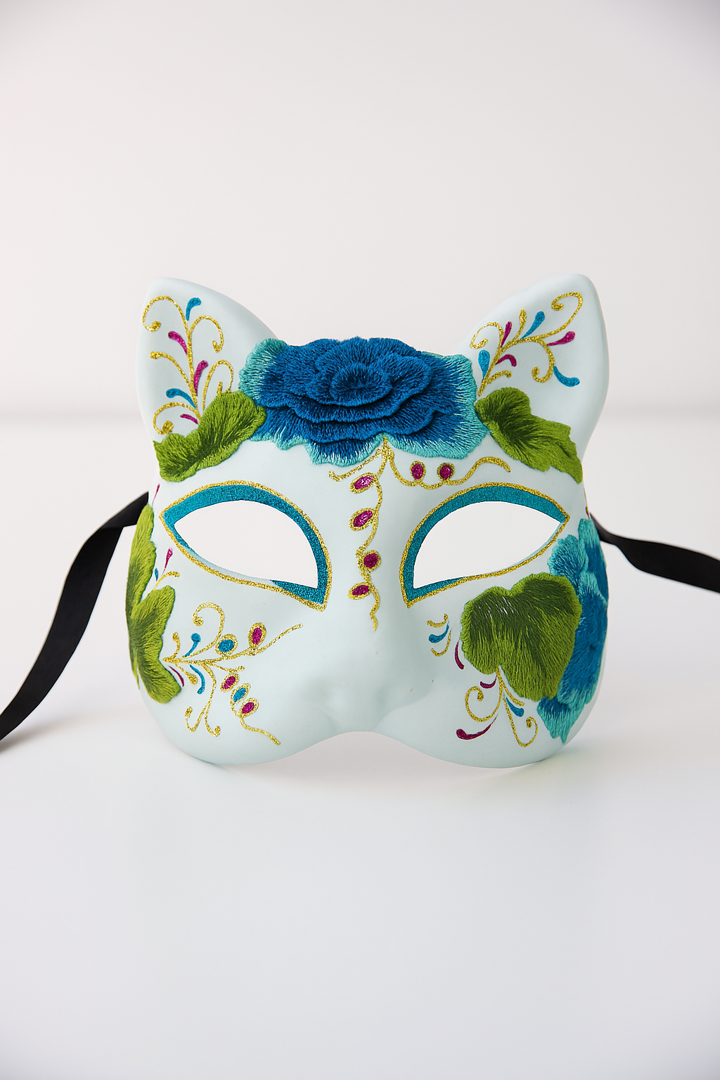 Embroidered blue floral cat mask for masquerade, cosplay, and Halloween costumes.