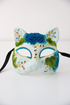 Embroidered blue floral cat mask for masquerade, cosplay, and Halloween costumes.