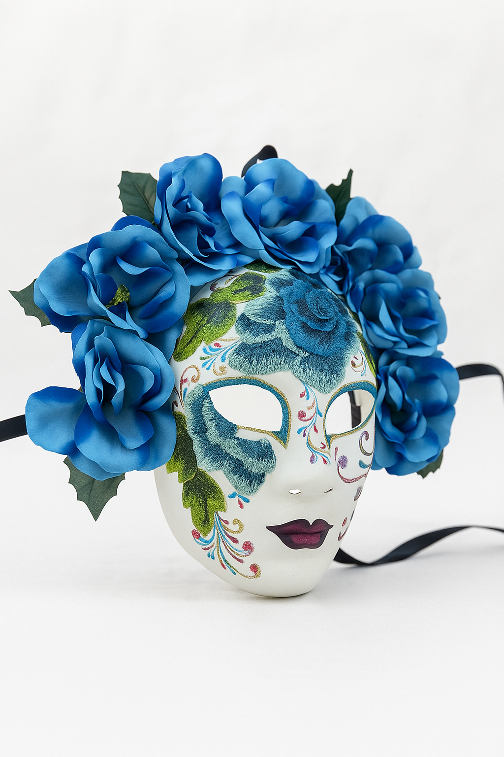 Blue floral full-face sugar skull mask with embroidery and blossoms for Halloween and Day of the Dead.