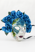 Blue floral full-face sugar skull mask with embroidery and blossoms for Halloween and Day of the Dead.