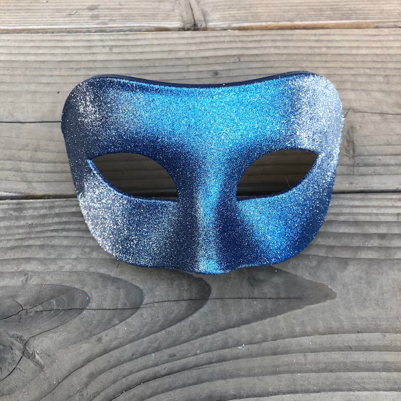 Blue glitter masquerade half-face mask, sparkly unisex party mask.