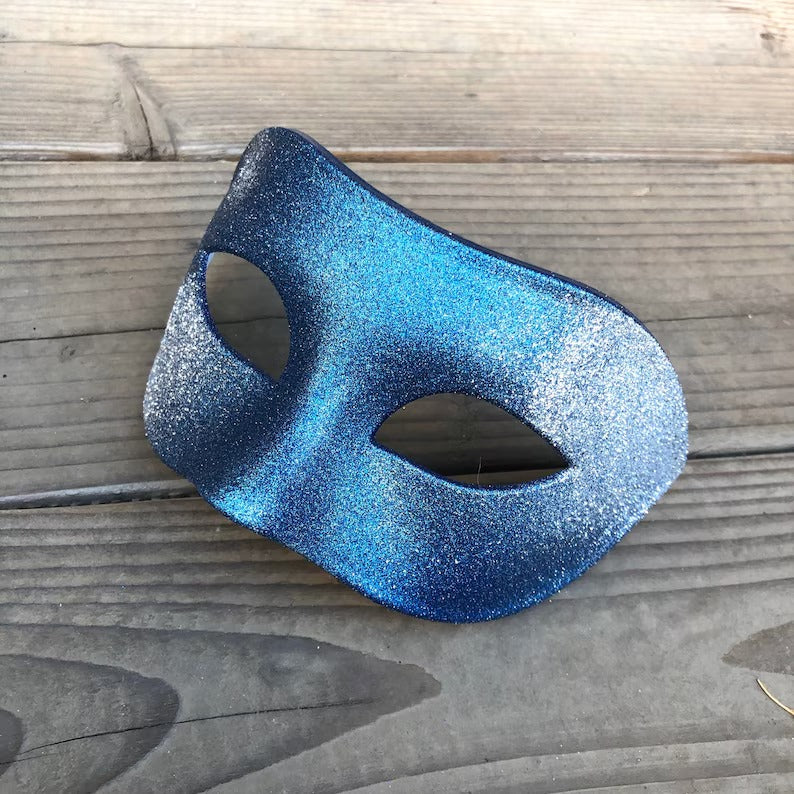 Blue glitter masquerade half-face mask, sparkly unisex party mask.