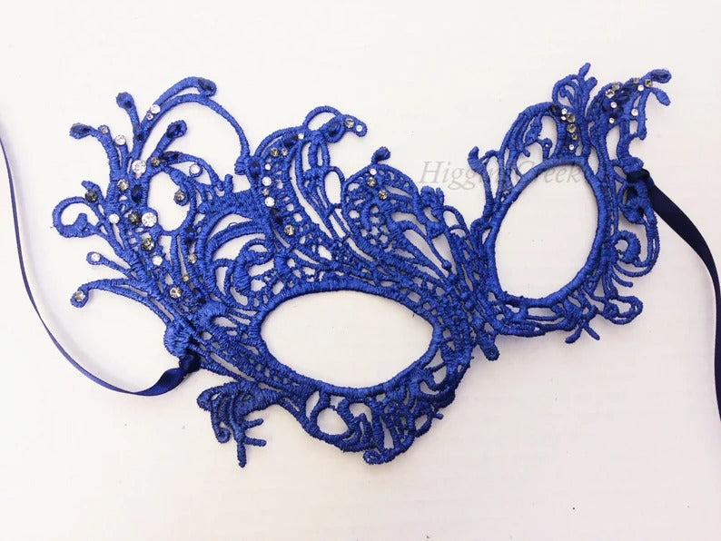 Elegant blue lace masquerade mask, women’s lace eye mask for weddings, masquerade balls, Halloween, and prom events.
