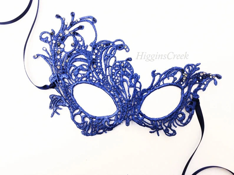 Elegant blue lace masquerade mask, women’s lace eye mask for weddings, masquerade balls, Halloween, and prom events.