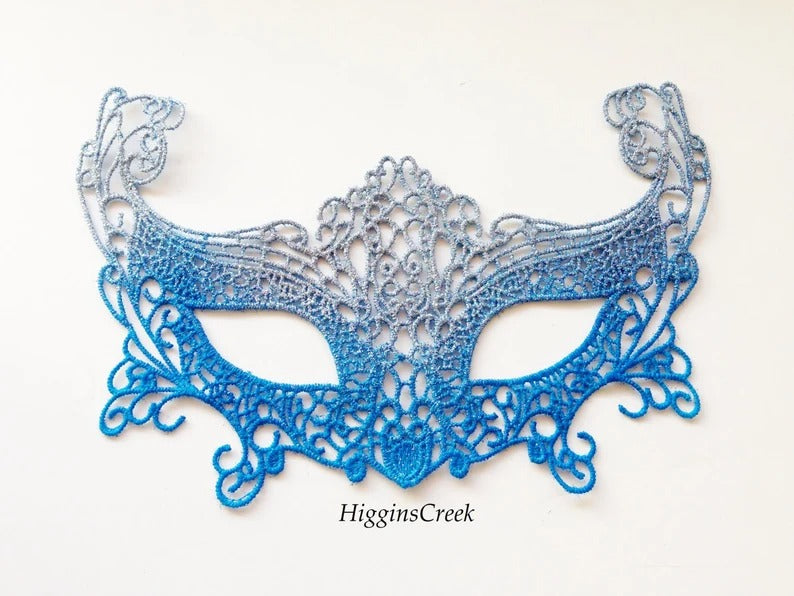 Elegant blue ombre lace masquerade mask with silver shimmer, women’s lace party eye mask for weddings, Halloween, prom, and masquerade balls.