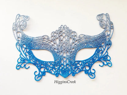 Elegant blue ombre lace masquerade mask with silver shimmer, women’s lace party eye mask for weddings, Halloween, prom, and masquerade balls.