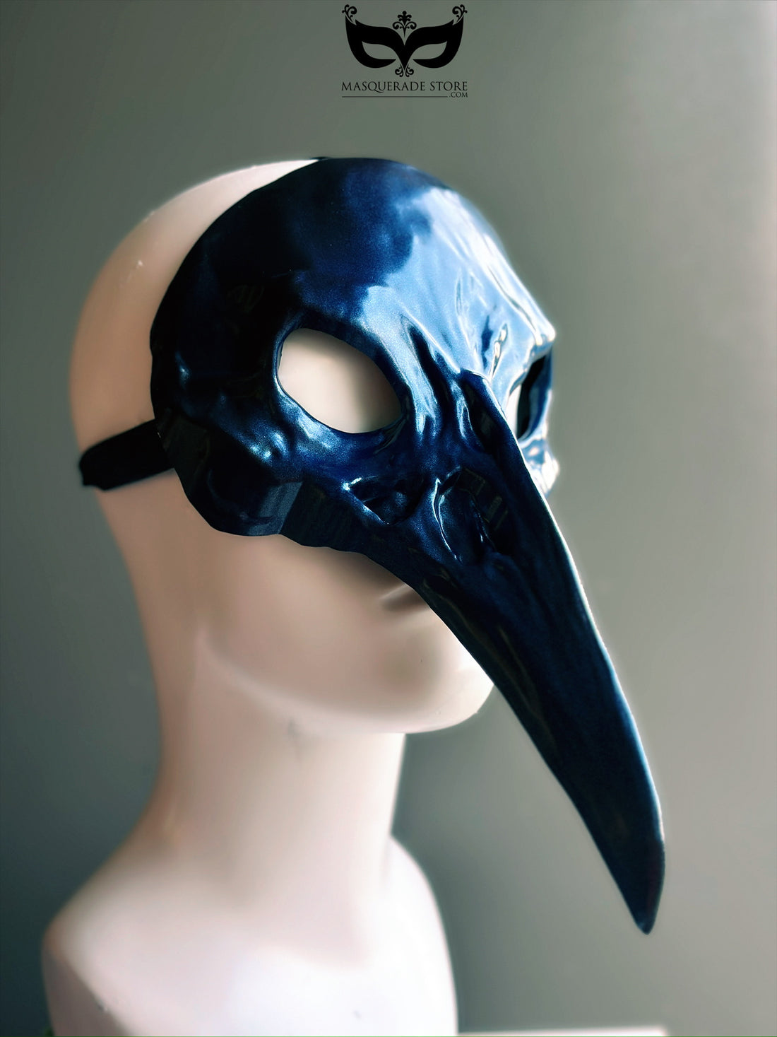 Blue plague doctor masquerade mask with long nose design and metallic finish, perfect for Venetian balls, gothic costumes, and theatrical use.