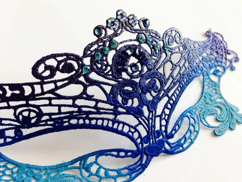 Ombre lace masquerade mask in blue and purple for women, Venetian style lace mask, perfect for masquerade ball, prom, wedding, and Halloween costumes.