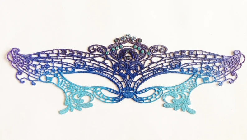 Ombre lace masquerade mask in blue and purple for women, Venetian style lace mask, perfect for masquerade ball, prom, wedding, and Halloween costumes.
