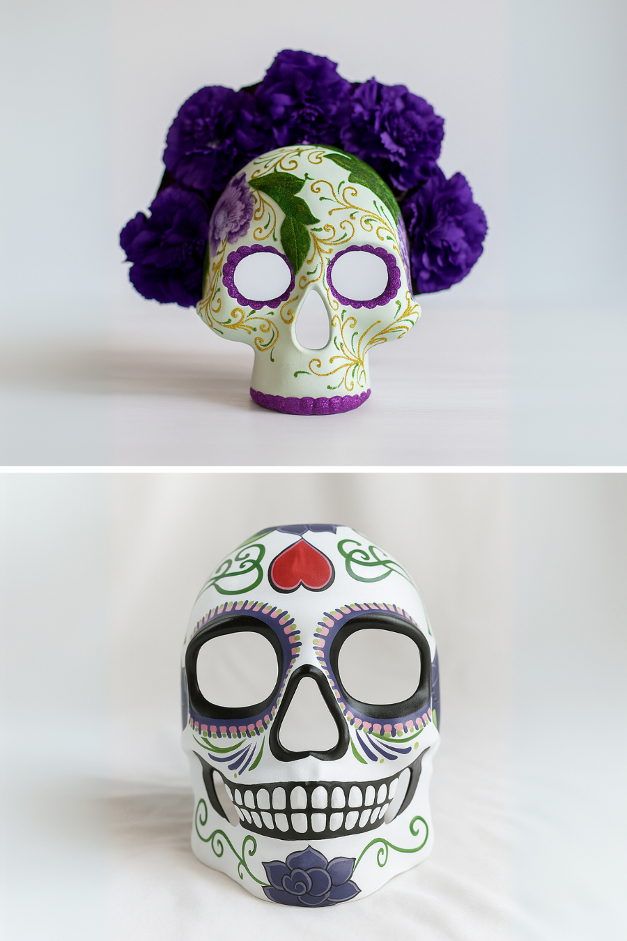 Couples sugar skull mask set with blue rose crown and hand-painted details.