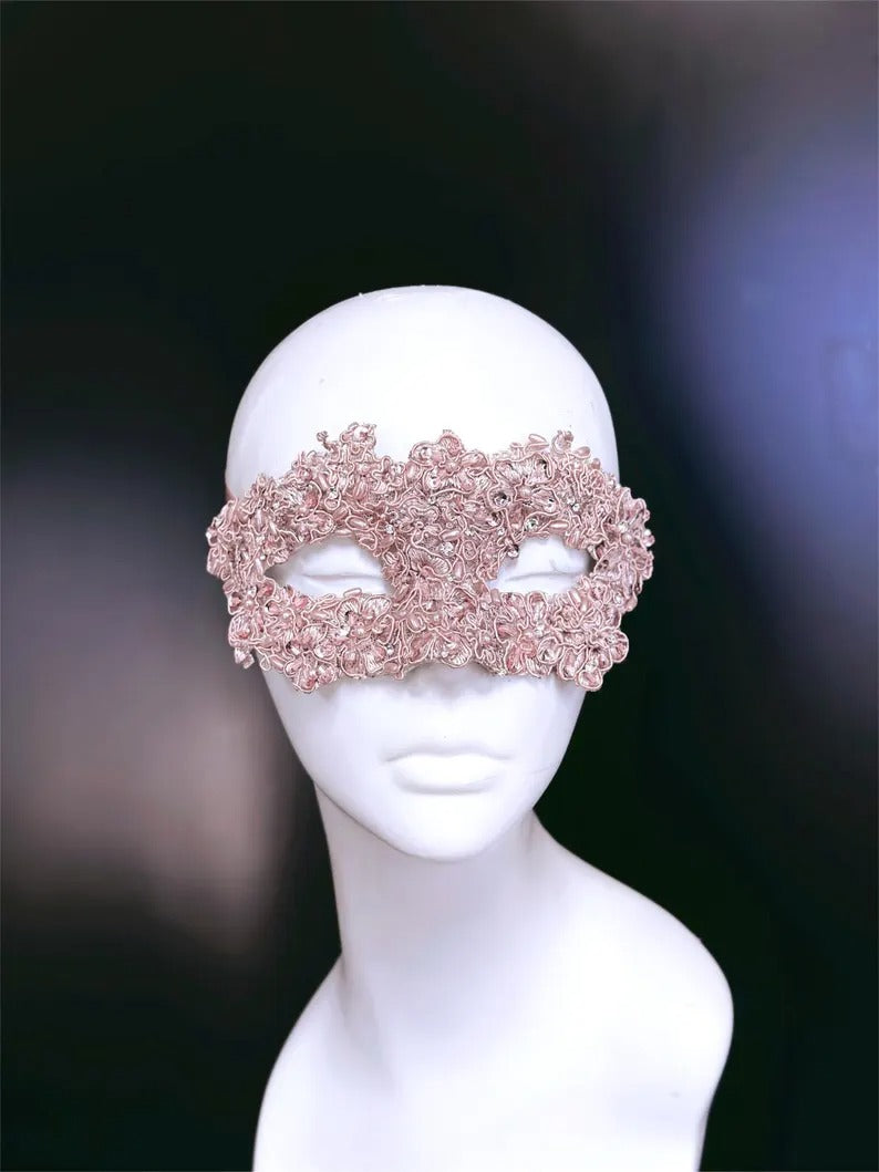 Blush Bloom lace masquerade mask with pink floral embroidery and crystals for prom, bridal, or ball.