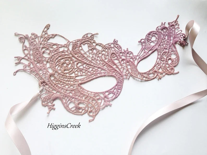 Romantic blush pink ombré lace masquerade mask, perfect for proms, Venetian balls, or weddings.