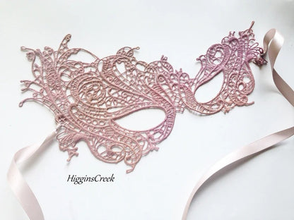 Romantic blush pink ombré lace masquerade mask, perfect for proms, Venetian balls, or weddings.