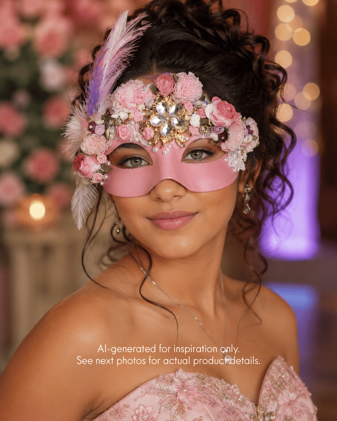 Pink quinceañera masquerade mask with floral roses, crystals, pearls and feather accents