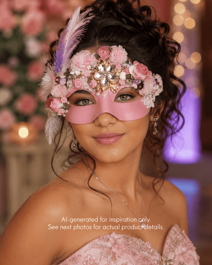 Pink quinceañera masquerade mask with floral roses, crystals, pearls and feather accents