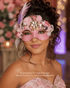 Pink quinceañera masquerade mask with floral roses, crystals, pearls and feather accents
