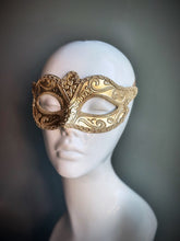  Gold Venetian-style masquerade mask with intricate baroque filigree design