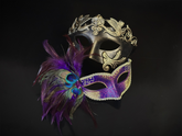 Bronze and gold couples masquerade mask set with a regal men’s mask and a purple feathered women’s mask accented with peacock plumes and glitter.