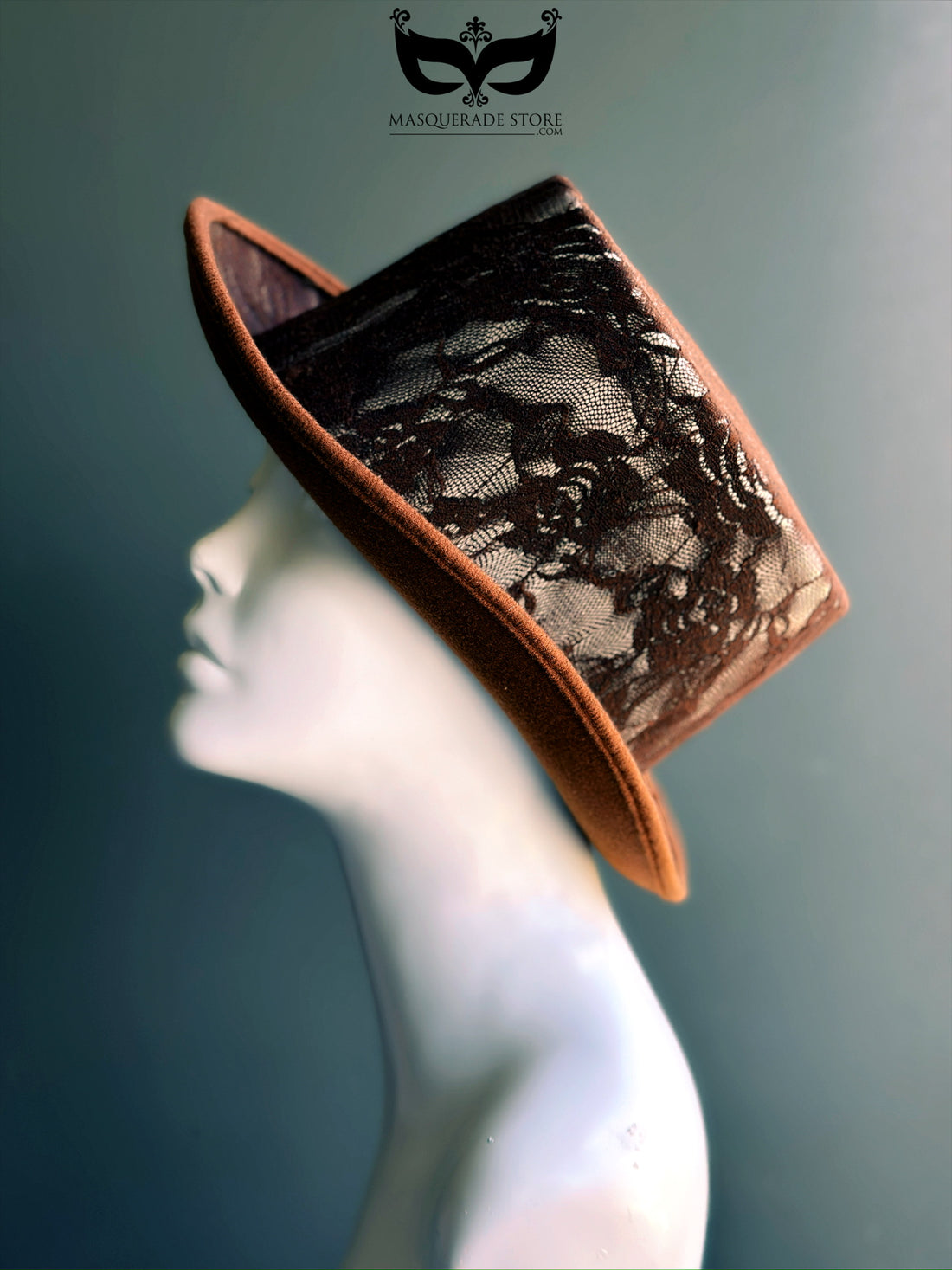 Brown velvet top hat with sheer black lace overlay, vintage burlesque or steampunk headwear