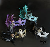 Bulk feathered Venetian masquerade masks with ornate filigree design in assorted colors for Mardi Gras parties and masquerade events.