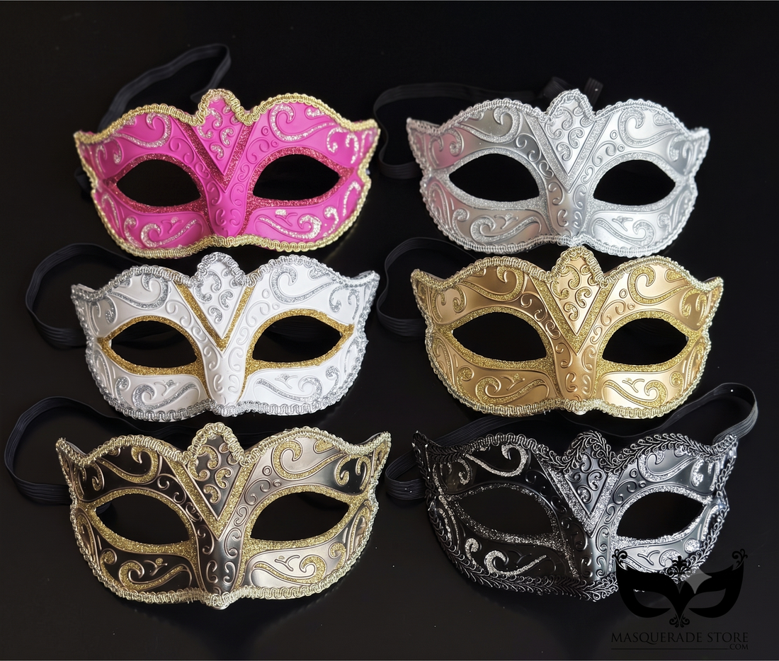Bulk Venetian masquerade masks featuring embossed scrollwork, glitter trim, metallic finishes, and assorted elegant colors.
