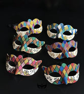 Bulk Harlequin glitter masquerade masks featuring multicolor diamond patterns, Venetian Carnival styling, and decorative scroll detailing.
