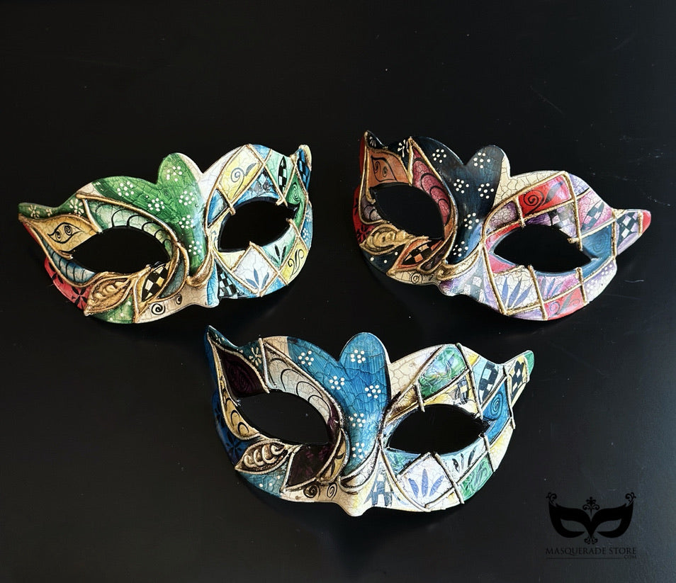 Bulk Harlequin masquerade masks featuring colorful Venetian mosaic artwork, diamond patterns, and Carnival-inspired designs for Mardi Gras, weddings, masquerade balls, and themed events.