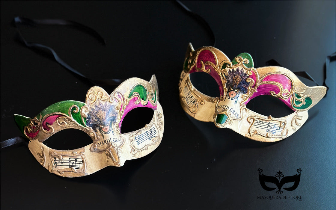 Bulk Venetian Mardi Gras masquerade masks with purple, green, and gold accents, Carnival artwork, musical notes, and ornate gold detailing.