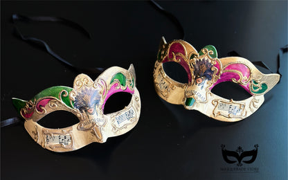 Bulk Venetian Mardi Gras masquerade masks with purple, green, and gold accents, Carnival artwork, musical notes, and ornate gold detailing.