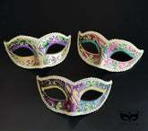 Bulk Mardi Gras masquerade masks featuring purple, green, and gold glitter filigree, ornate Venetian scrollwork, and decorative trim for Carnival parties, masquerade balls, weddings, and large events.