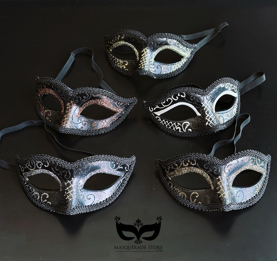 Bulk black Venetian masquerade masks featuring silver and gold metallic scrollwork with elegant half-face designs for masquerade balls and formal events.