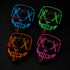 Bulk LED purge-style masks with glowing X eyes and stitched smile design in blue, green, orange, and pink illuminated colors for Halloween and cosplay events.