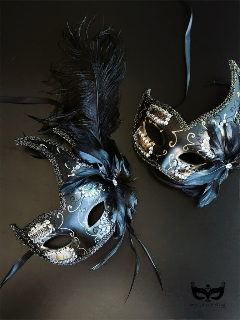 Bulk Venetian masquerade masks with black feather plumes, crystal rhinestones, metallic scrollwork, and elegant crescent silhouettes for masquerade balls and formal events.