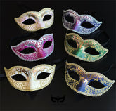 Bulk Venetian masquerade masks with glitter filigree, metallic scrollwork, decorative lattice detailing, braided trim, and assorted elegant color combinations.