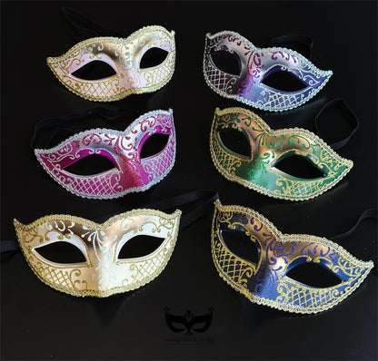 Bulk Venetian masquerade masks with glitter filigree, metallic scrollwork, decorative lattice detailing, braided trim, and assorted elegant color combinations.