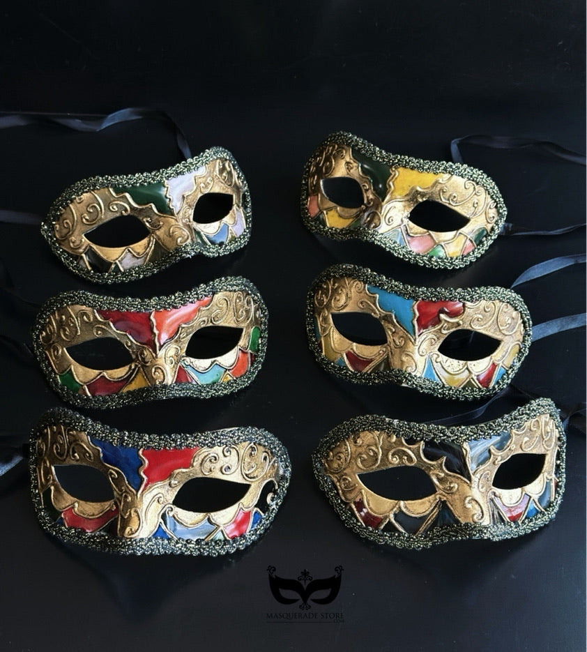 Bulk Venetian masquerade masks featuring antique gold scrollwork and colorful mosaic-inspired accents for masquerade balls, Mardi Gras, and party events.