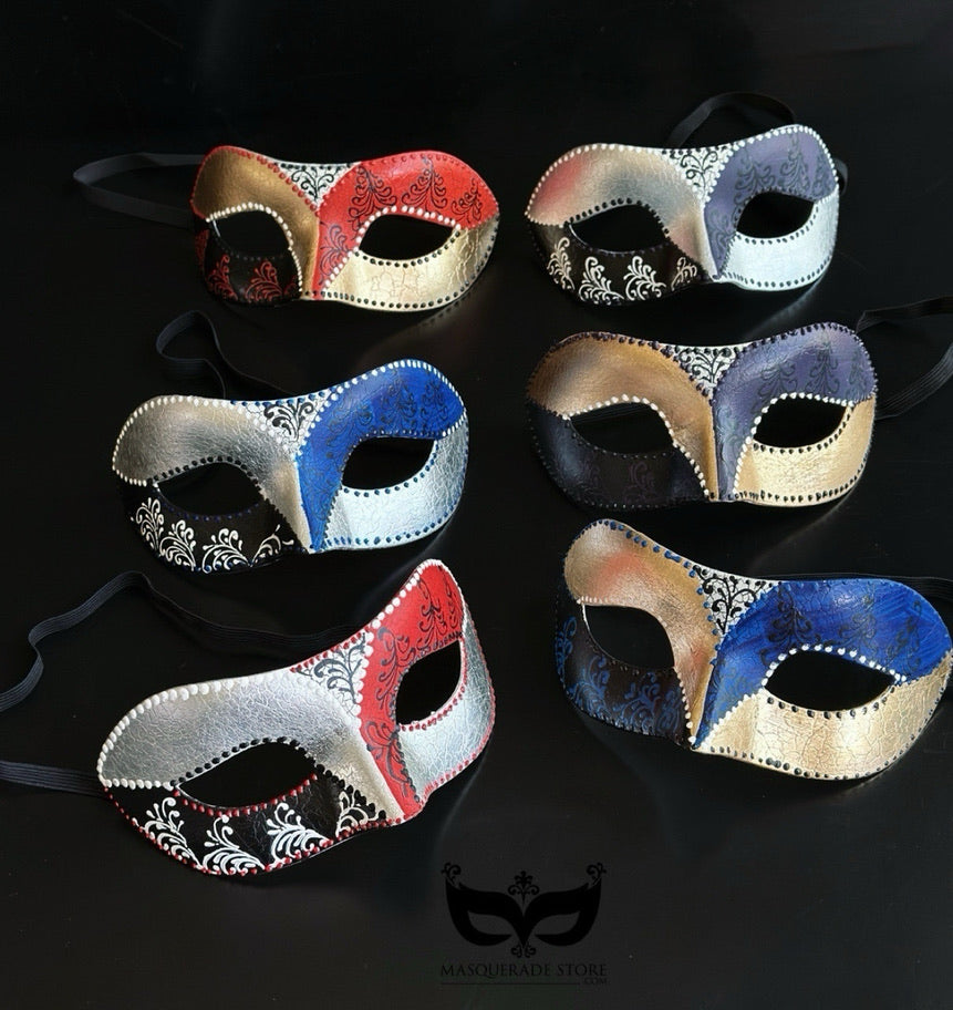 Bulk Venetian masquerade masks featuring elegant curved color-block panels with damask scroll detailing in assorted metallic finishes for masquerade events.