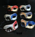 Bulk Venetian masquerade masks featuring elegant curved color-block panels with damask scroll detailing in assorted metallic finishes for masquerade events.