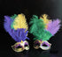 Bulk Venetian masquerade masks with genuine ostrich feather plumes, glitter filigree, jeweled accents, and purple, green, and gold Mardi Gras colors.