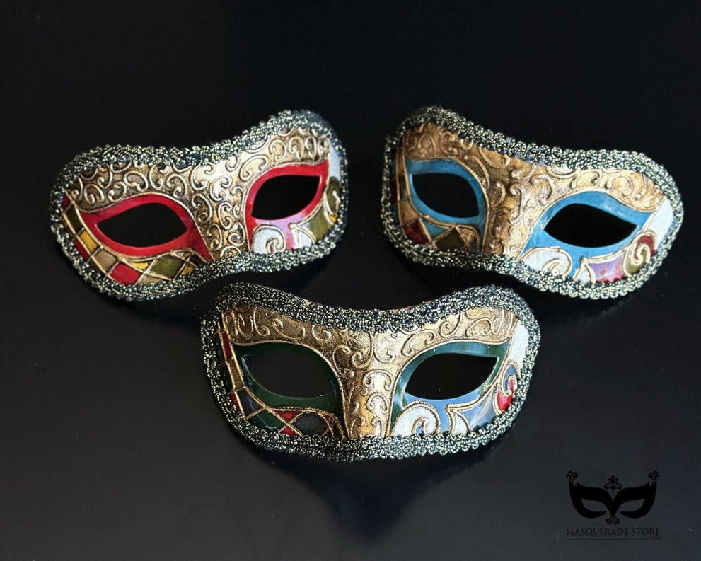 Bulk Venetian masquerade masks featuring antique gold embossed scrollwork, glitter trim, and colorful Harlequin accents for masquerade balls, Mardi Gras, weddings, and large events.