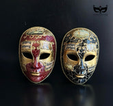 Bulk full-face Venetian masquerade masks featuring antique crackle finish, musical score artwork, Venetian landmarks, and ornate gold detailing.