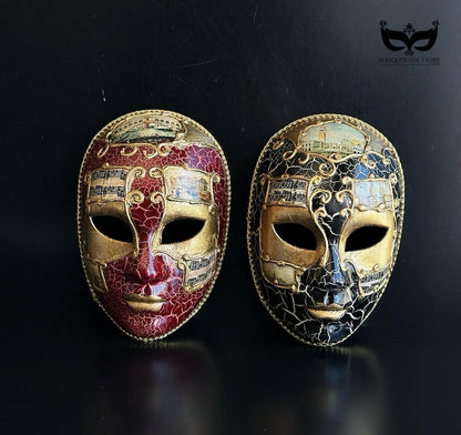 Bulk full-face Venetian masquerade masks featuring antique crackle finish, musical score artwork, Venetian landmarks, and ornate gold detailing.