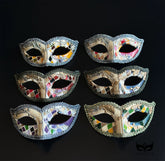 Bulk Venetian masquerade masks featuring colorful mosaic artwork, musical note details, glitter trim, and antique finishes for Mardi Gras parties, weddings, masquerade balls, and large events.