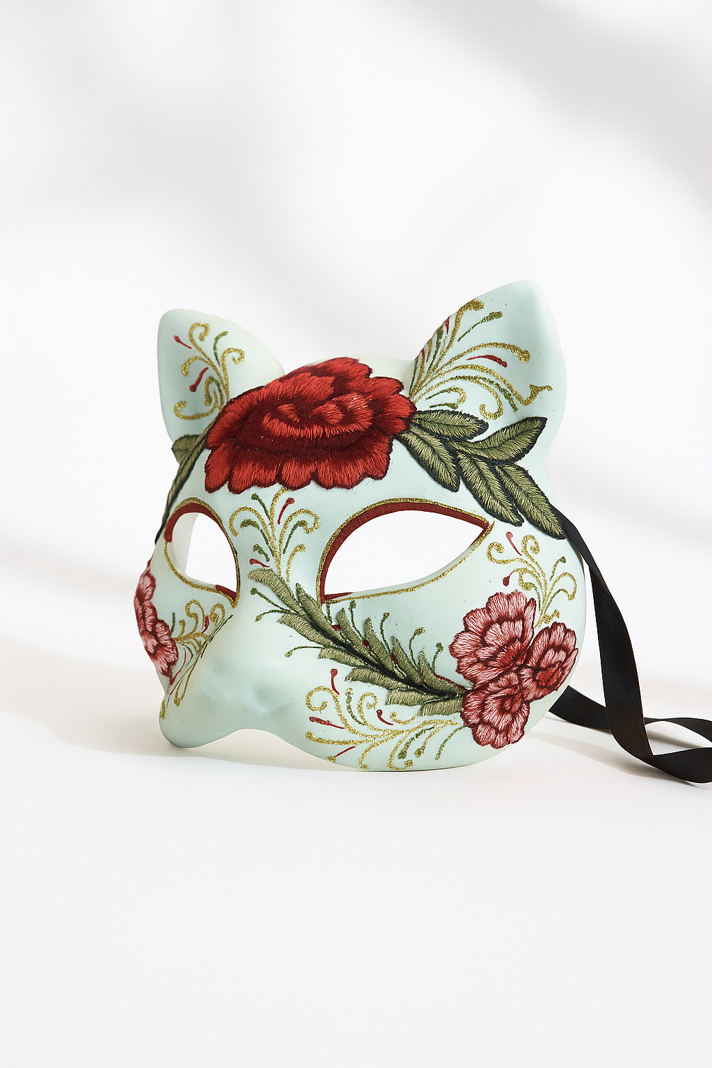 Burgundy embroidered floral cat mask for cosplay, Halloween, and masquerade costumes.