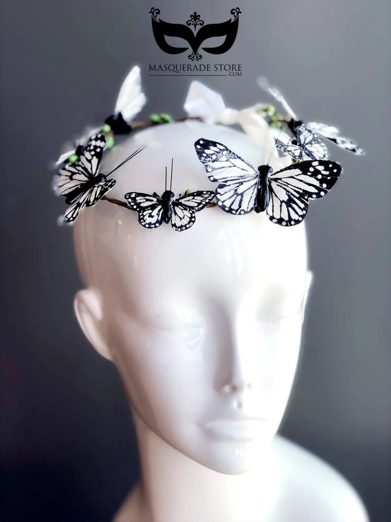 Black and white butterfly headband with satin ribbon tie for fairy costumes and festivals.