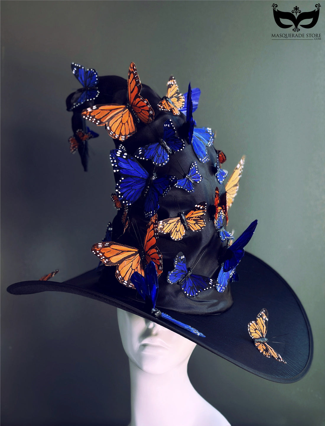 Black tall witch hat with orange and blue butterflies – fantasy-themed accessory for Halloween and fairycore looks