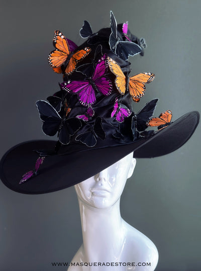 Enchanting butterfly witch hat for Halloween and cosplay looks with purple orange and black butterflies 